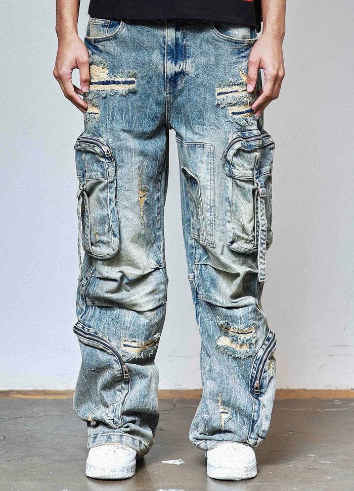 First Row Washed Multi Cargo Denim Y2K Pants in Medium Stone Tint