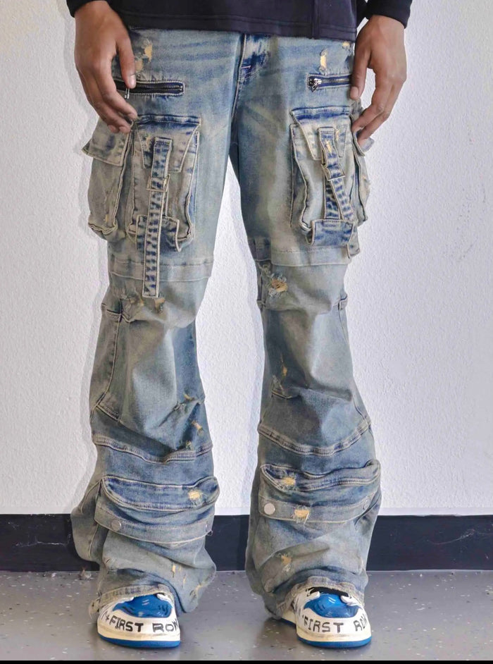 First Row Y2K Utility Cargo Denim Pants in Medium Stone Tint