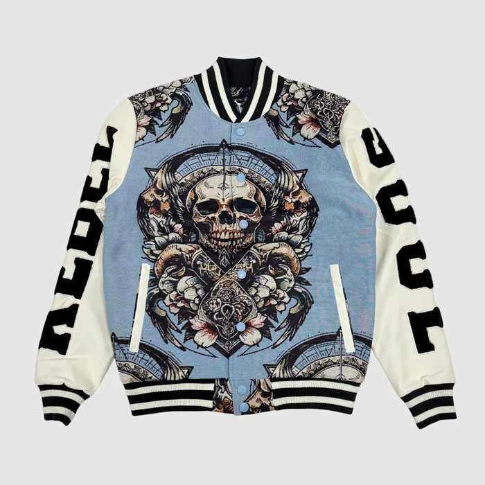 Blue and cream tapestry varsity jacket front