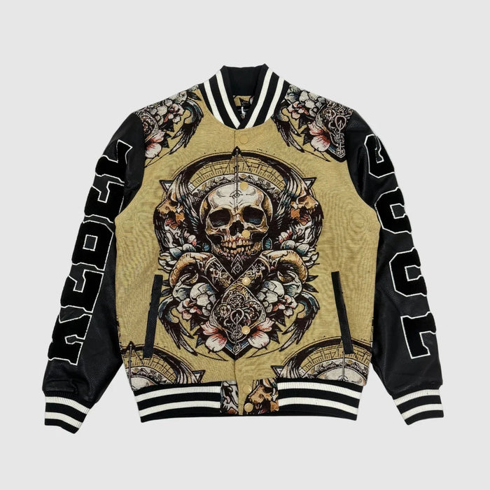 Tan and black tapestry varsity jacket front