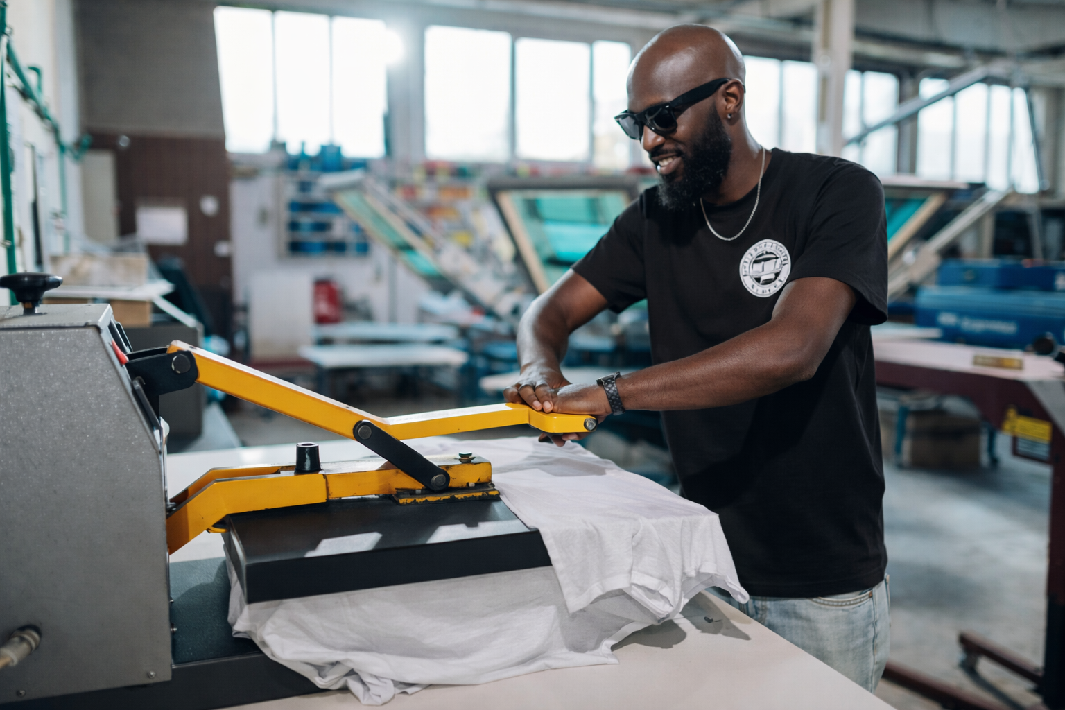 The owner and CEO in live action creating custom apparel.
