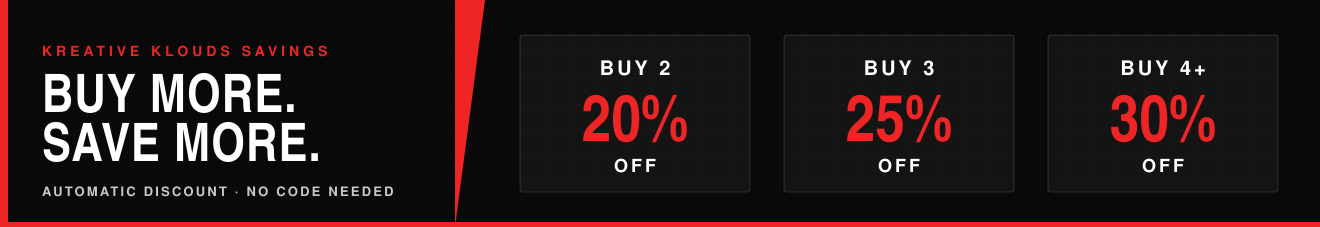 Buy more, save more. Buy 2 20% off, buy 3 25% off, buy 4 or more 30% off.