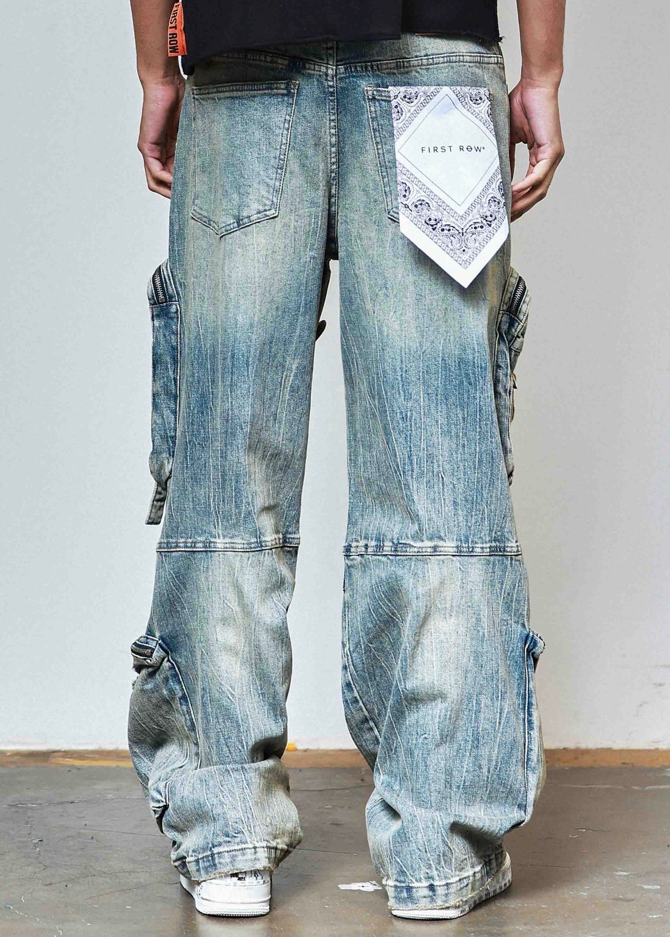 First Row Washed Multi Cargo Denim Y2K Pants back view