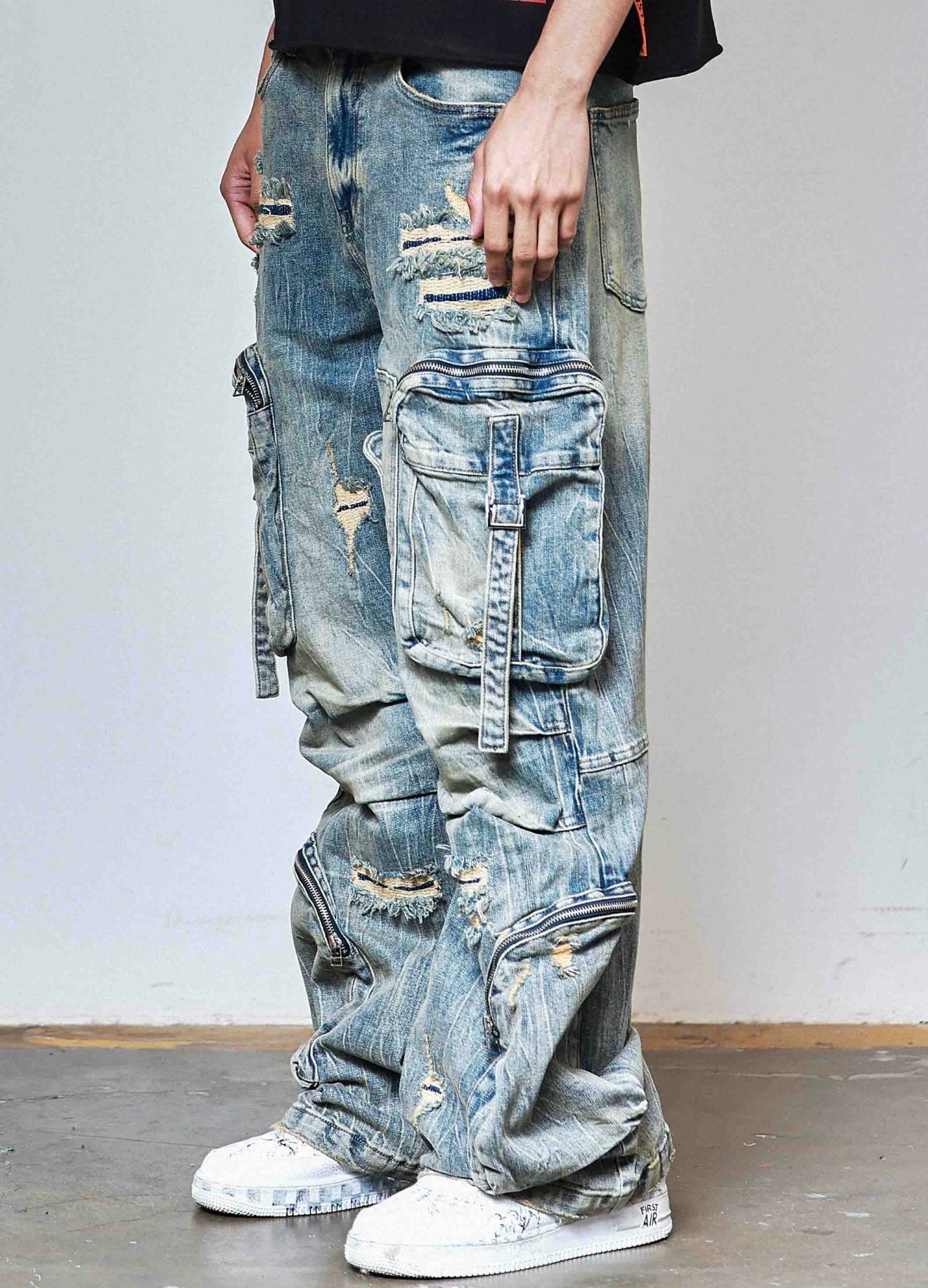 First Row Washed Multi Cargo Denim Y2K Pants side view