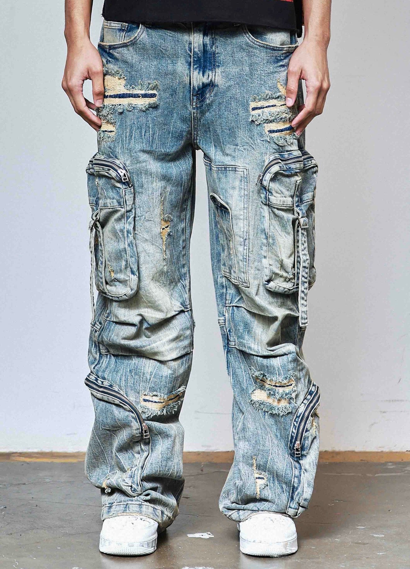First Row Washed Multi Cargo Denim Y2K Pants in Medium Stone Tint