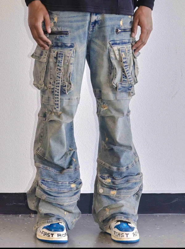 First Row Y2K Utility Cargo Denim Pants in Medium Stone Tint