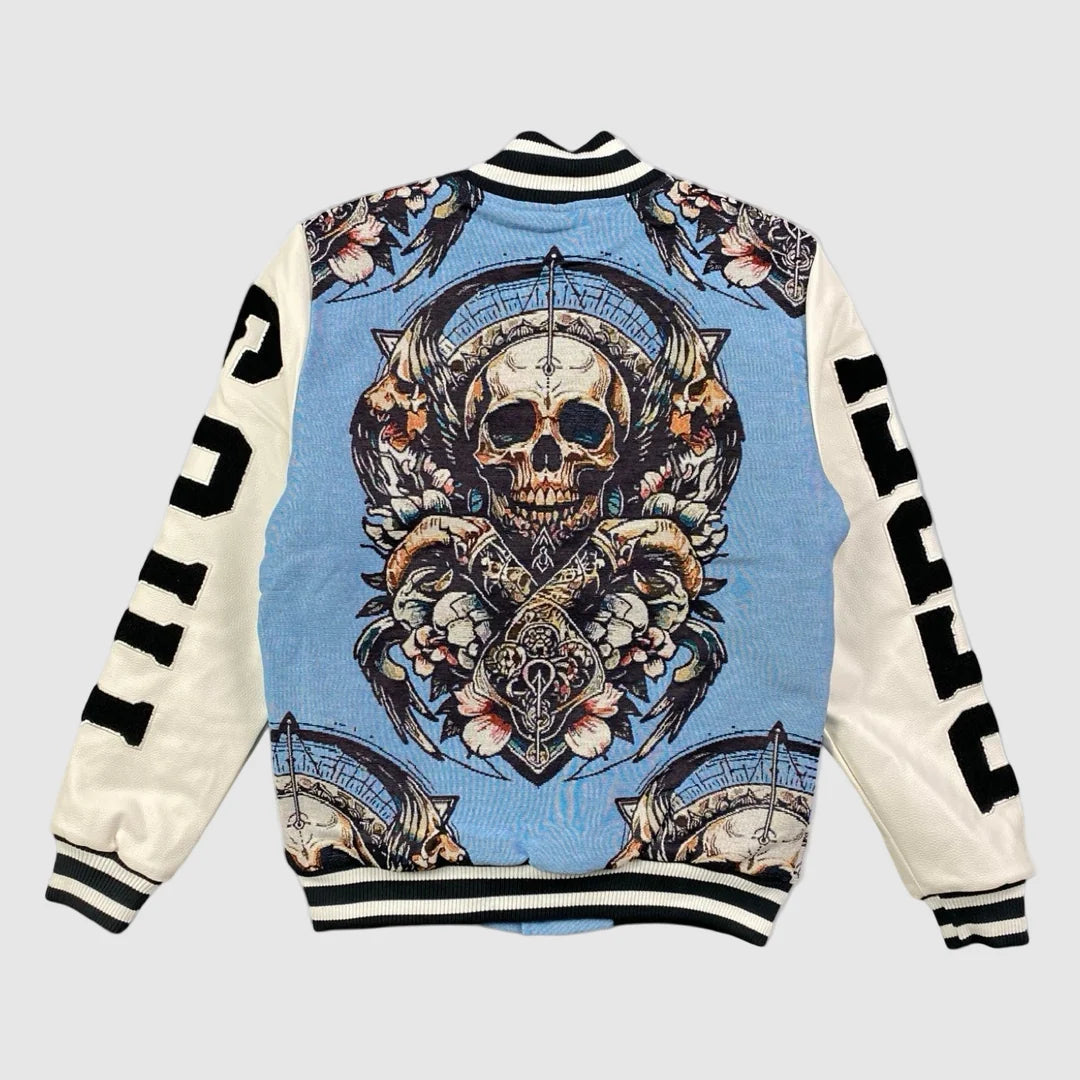 Blue and cream tapestry varsity jacket back