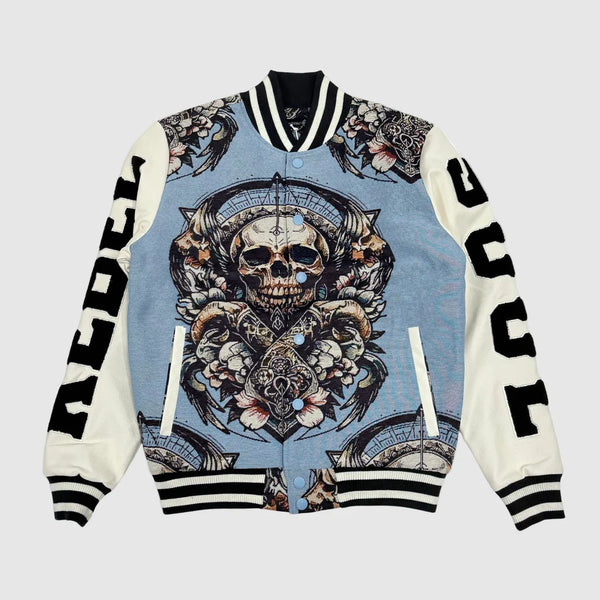 Blue and cream tapestry varsity jacket front
