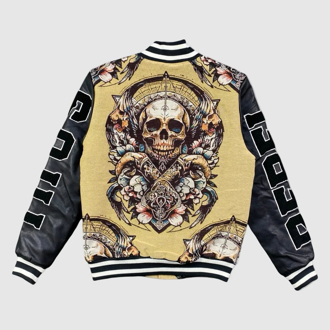 Tan and black tapestry varsity jacket back