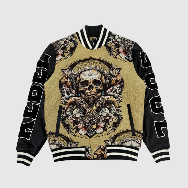 Tan and black tapestry varsity jacket front